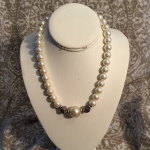 Vintage Faux Pearl with Green Iridescent Beads ~ 18” Necklace,